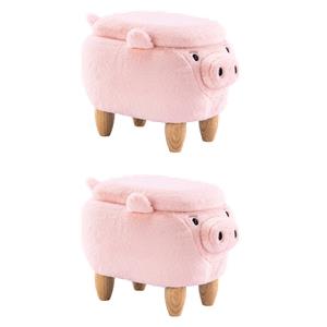 Pemberly Row Set of 2 Kids Pig Fabric Storage Ottoman/Stool in Pink and Natural