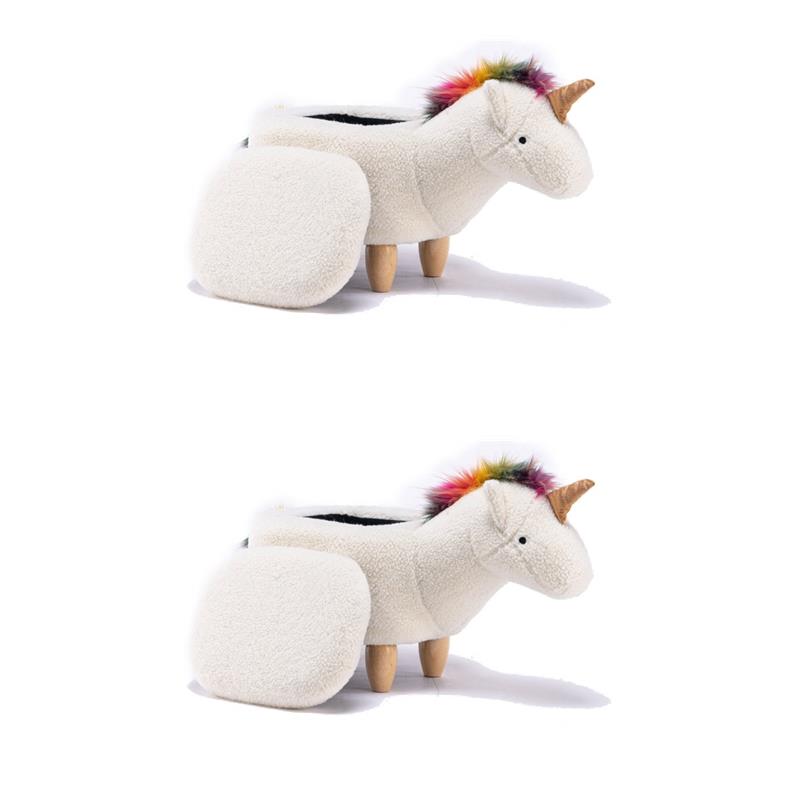 Pemberly Row Set of 2 The Unicorn Fabric Storage Ottoman/Stool in White/Natural