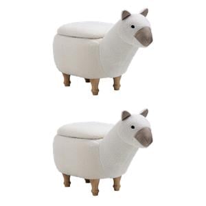 Pemberly Row Set of 2 Llama Solid Wood & Fabric Storage Ottoman in Beige/White