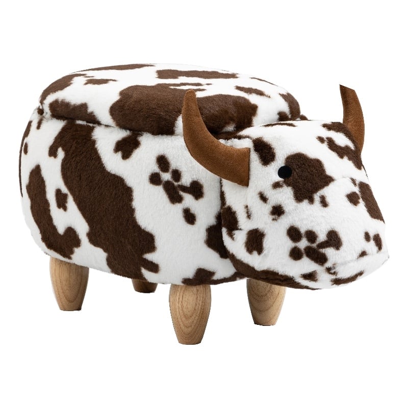 Pemberly Row Set of 2 Adorable Cow Fur Fabric & Wood Ottoman in Brown/White