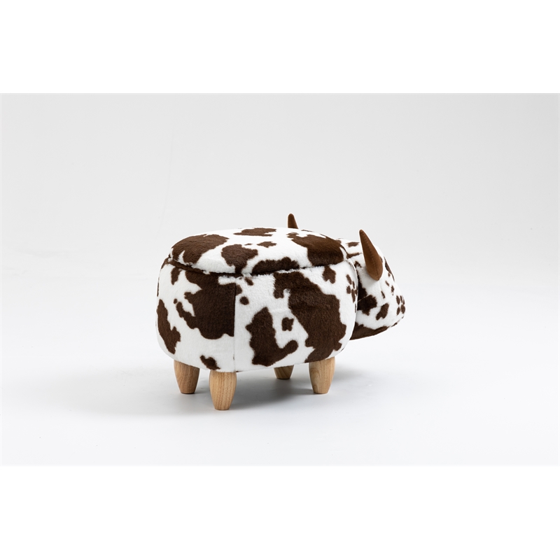 Pemberly Row Set of 2 Adorable Cow Fur Fabric & Wood Ottoman in Brown/White