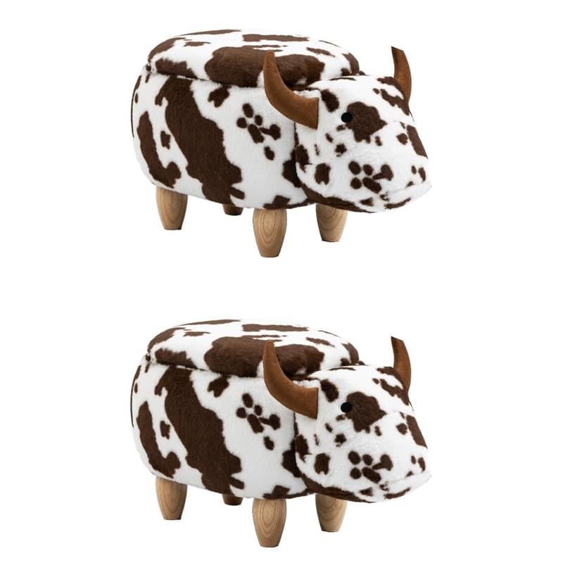 Pemberly Row Set of 2 Adorable Cow Fur Fabric & Wood Ottoman in Brown/White
