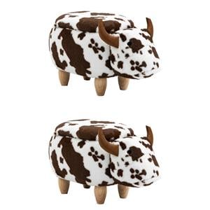 Pemberly Row Set of 2 Adorable Cow Fur Fabric & Wood Ottoman in Brown/White
