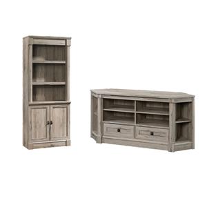 Pemberly Row Set of 2 Wood 60&quot Corner TV Stand & 3-Shelf Bookcase in Split Oak