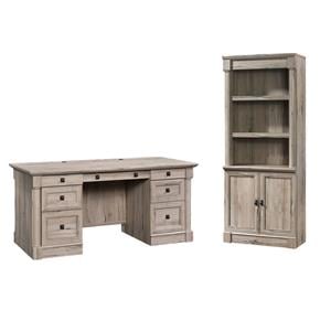 Pemberly Row Set of 2 Wood 3-Shelf Bookcase & Executive Desk in Split Oak