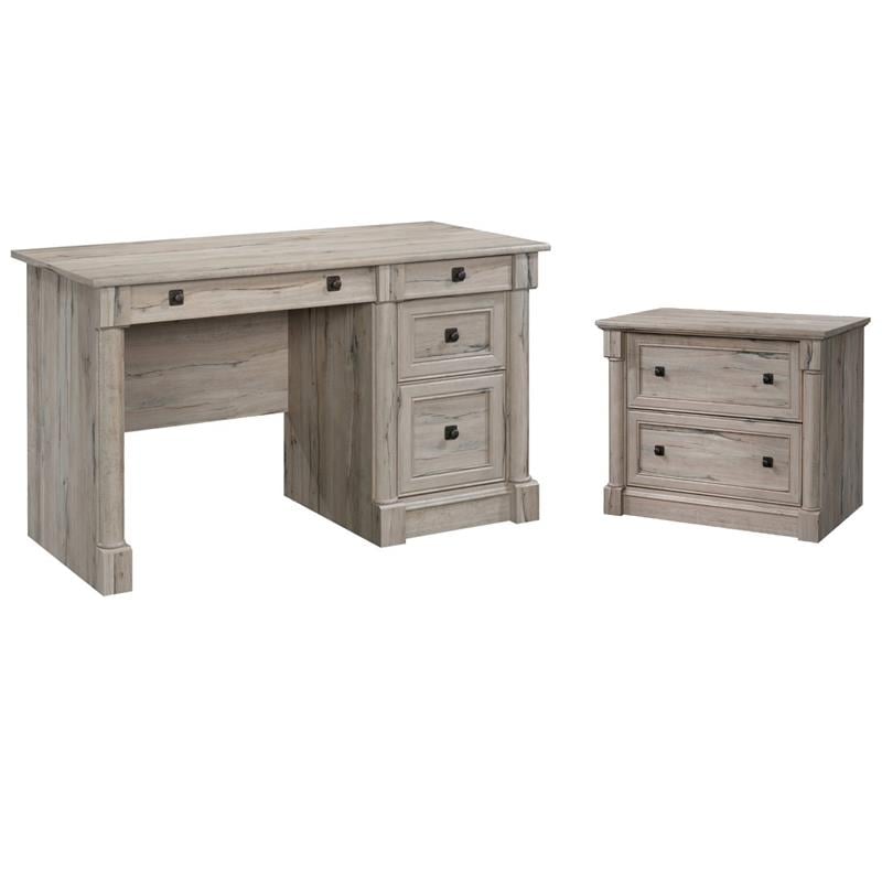 Pemberly Row Set of 2 Wood Lateral File Cabinet & Computer Desk in Split Oak