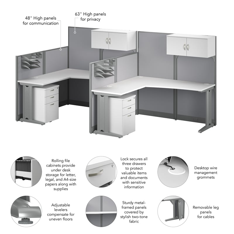 Pemberly Row Set of 3 5-Shelf Bookcase & 2 L Cubicle Desks in White