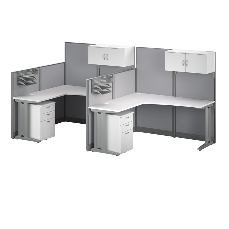 Pemberly Row Set of 3 5-Shelf Bookcase & 2 L Cubicle Desks in White