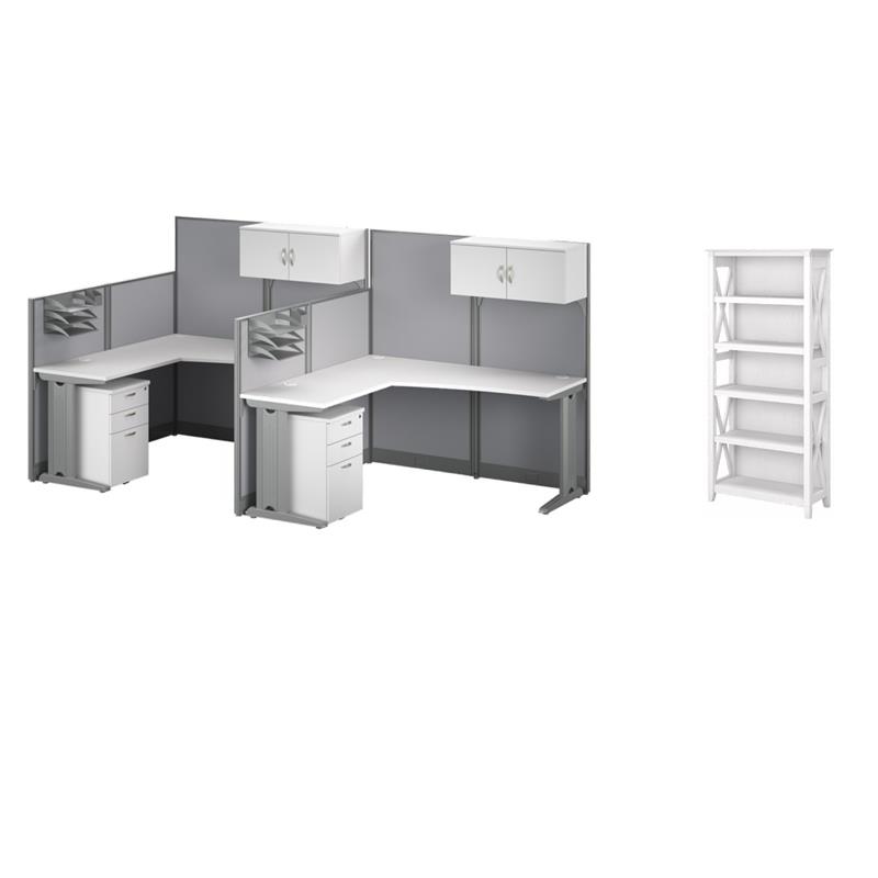 Pemberly Row Set of 3 5-Shelf Bookcase & 2 L Cubicle Desks in White