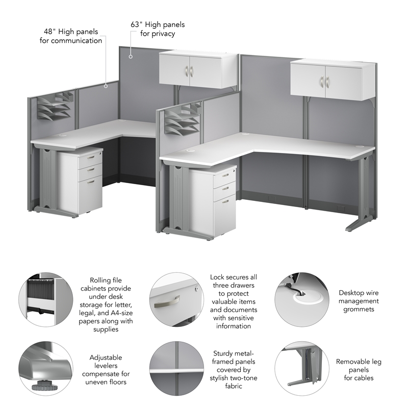 Pemberly Row Set of 3 2-Drawer File Cabinet & 2 L Cubicle Desks in White