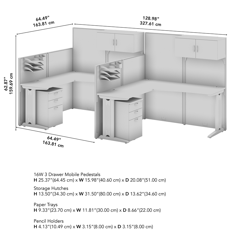 Pemberly Row Set of 3 2-Drawer File Cabinet & 2 L Cubicle Desks in White
