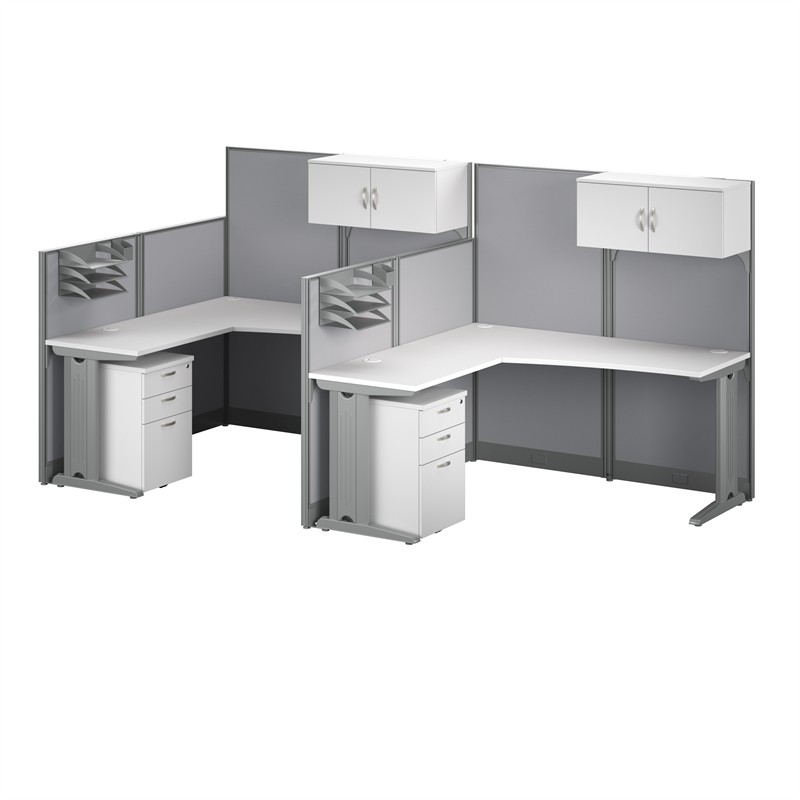 Pemberly Row Set of 3 2-Drawer File Cabinet & 2 L Cubicle Desks in White