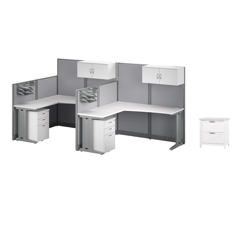 Pemberly Row Set of 3 2-Drawer File Cabinet & 2 L Cubicle Desks in White