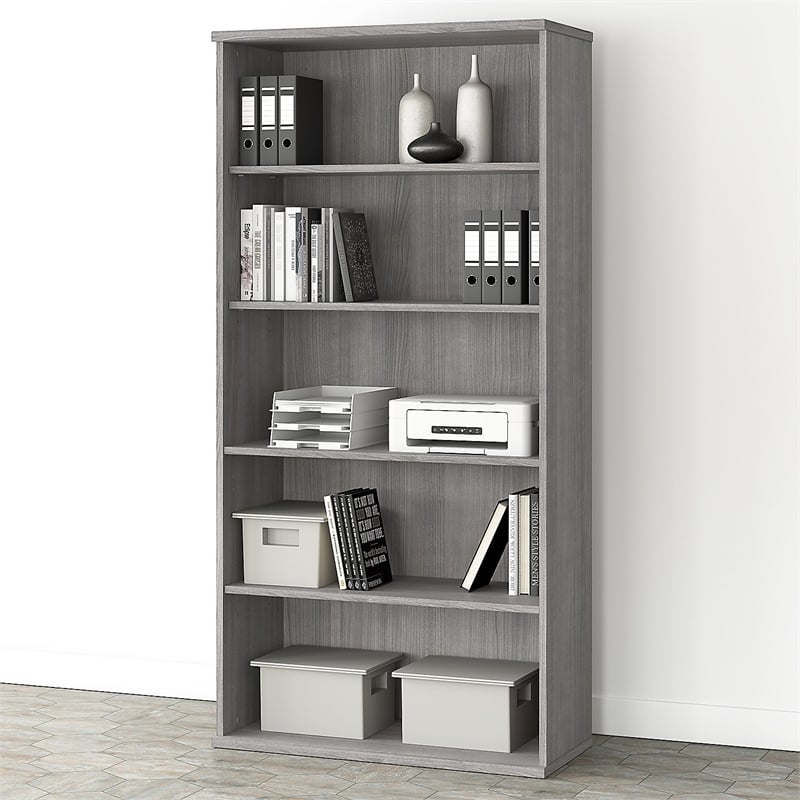 Pemberly Row Set of 2 5-Shelf Bookcase & L-Shaped Desk with Mobile File Cabinet