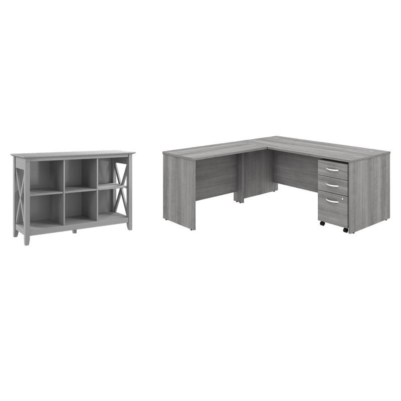 Pemberly Row Set of 2 6-Cube Bookcase & L-Shaped Desk with Mobile File Cabinet