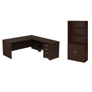 Pemberly Row Set of 2 Wood Bookcase with Doors & L-Shaped Desk with File Cabinet