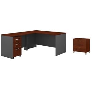 Pemberly Row Set of 2 Wood Lateral File Cabinet & L-Shaped Desk with Drawers