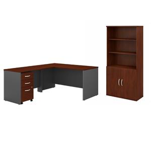 Pemberly Row Set of 2 5-Shelf Bookcase with Doors & L-Shaped Desk with Drawers