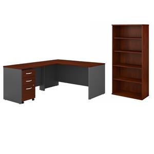 Pemberly Row Set of 2 Wood 5-Shelf Bookcase & L-Shaped Desk with Drawers
