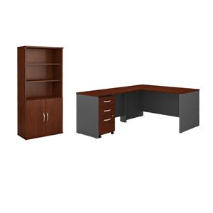 Pemberly Row Set of 2 5-Shelf Bookcase with Doors & L-Shaped Desk with Drawers