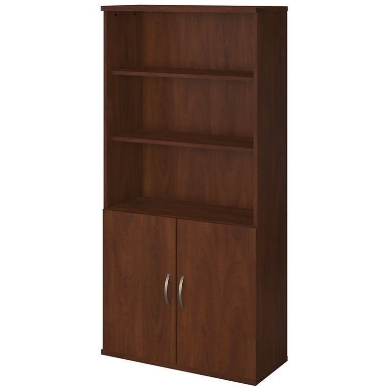 Pemberly Row Set of 2 5-Shelf Bookcase with Doors & L-Shaped Desk with Drawers