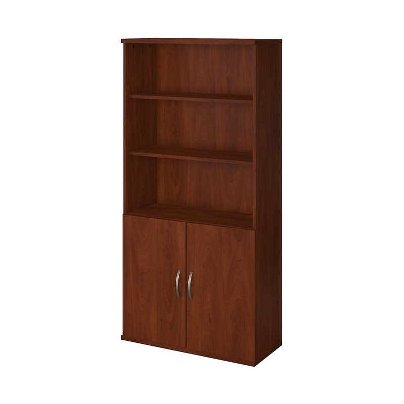 Pemberly Row Set of 2 5-Shelf Bookcase with Doors & L-Shaped Desk with Drawers