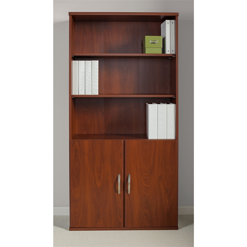Pemberly Row Set of 2 5-Shelf Bookcase with Doors & L-Shaped Desk with Drawers