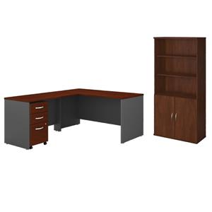 Pemberly Row Set of 2 5-Shelf Bookcase with Doors & L-Shaped Desk with Drawers