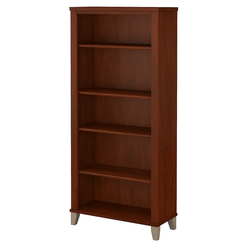 Pemberly Row Set of 2 Wood 5-Shelf Bookcase & L-Shaped Desk with Drawers