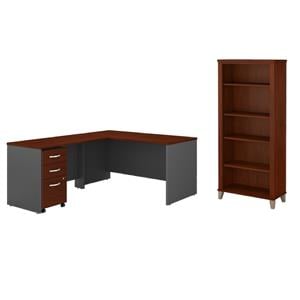 Pemberly Row Set of 2 Wood 5-Shelf Bookcase & L-Shaped Desk with Drawers