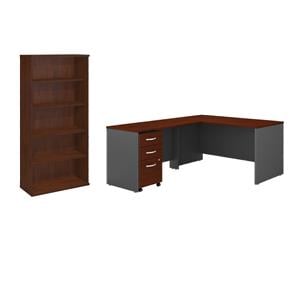Pemberly Row Set of 2 Wood 5-Shelf Bookcase & L-Shaped Desk with Drawers