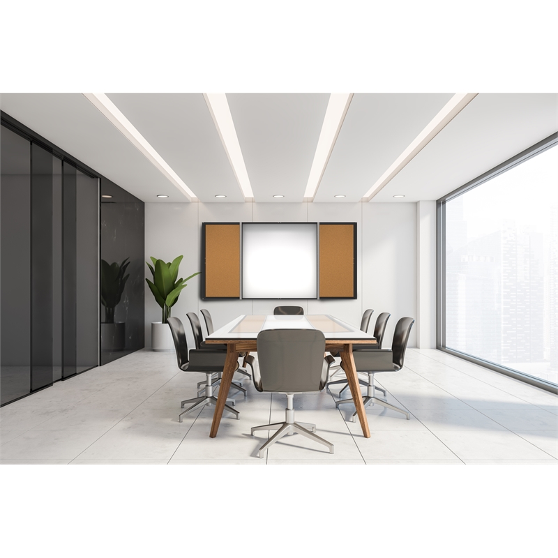 Pemberly Row Magnetic Ceramic Whiteboard Cabinet Cork Doors Black 4 x 4ft