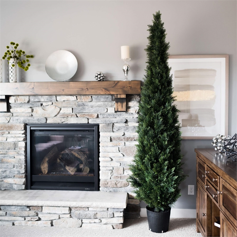 Pemberly Row 7' Contemporary Plastic Artificial Potted Cedar Tree in Green