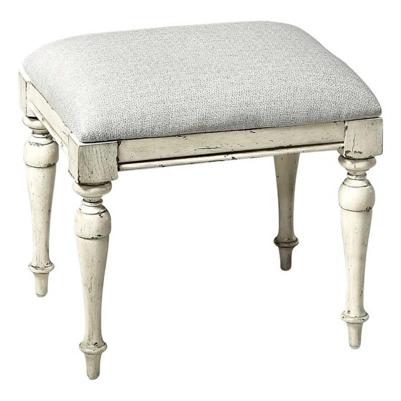 Pemberly Row Farmhouse Distressed Rustic Ivory Wood Vanity Bench