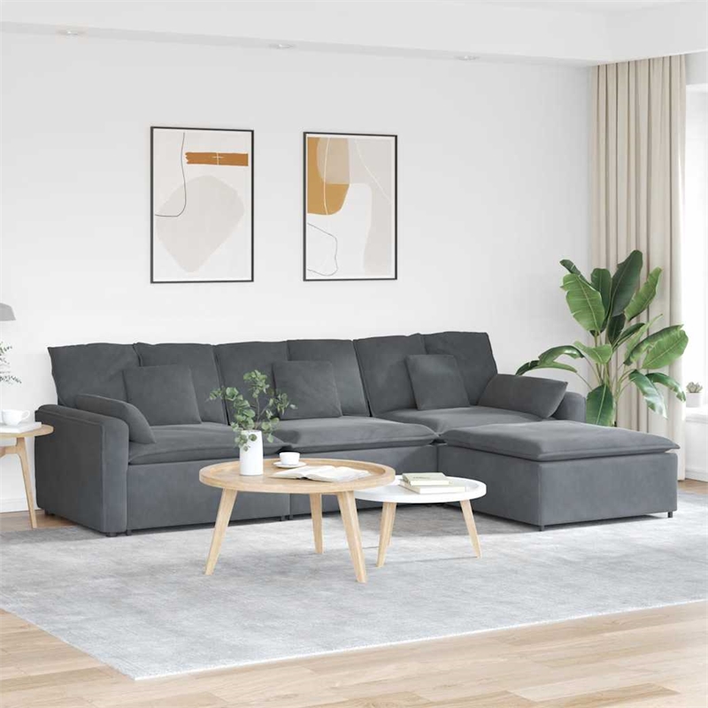 Pemberly Row Contemporary Oversized Modular Velvet Sofa in Dark Grey