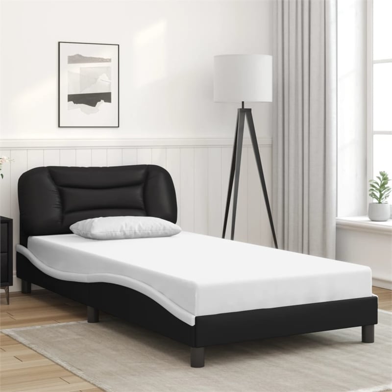 Pemberly Row Contemporary Faux Leather Twin Bed Frame in Black and White