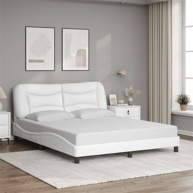 Pemberly Row Faux Leather Queen Engineered Wood Bed Frame in White
