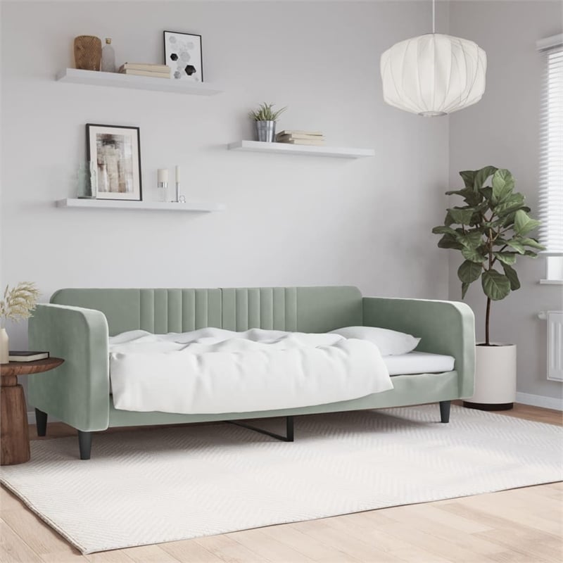 Pemberly Row Contemporary Solid Wood Twin Day Bed in Light Grey Fabric