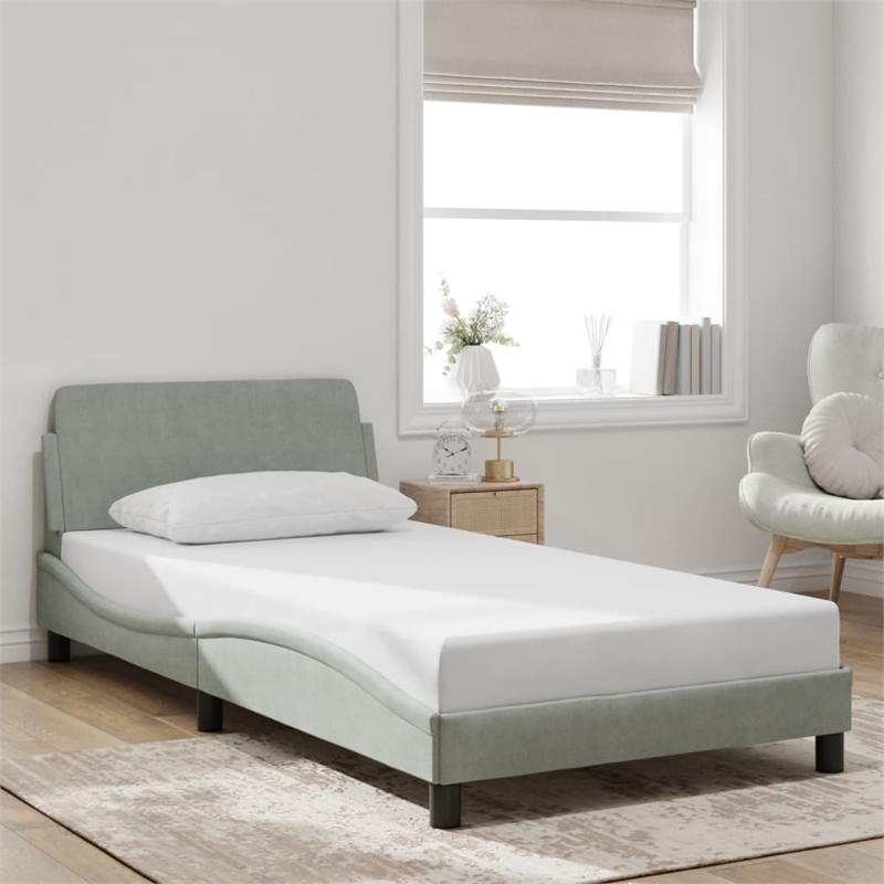 Pemberly Row Velvet Upholstery Twin XL Bed Frame in Light Grey