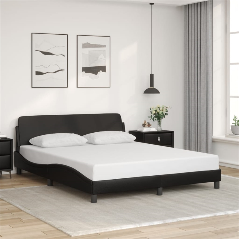 Pemberly Row Engineered Wood Faux Leather Queen Bed Frame in Black