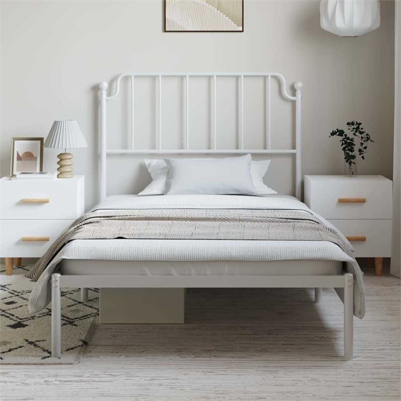 Pemberly Row Contemporary Powder-Coated Steel Single Bed Frame in White