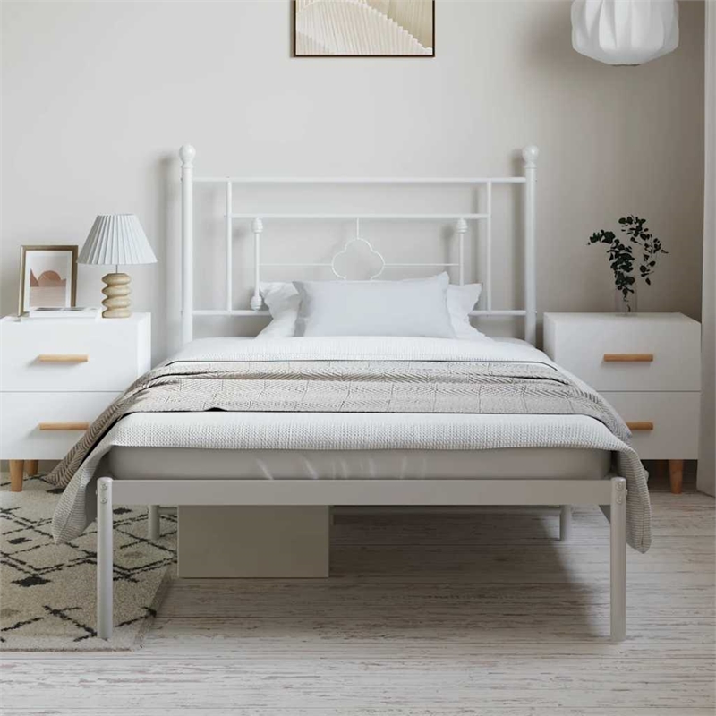 Pemberly Row Contemporary Powder-Coated Steel Single Bed Frame in White