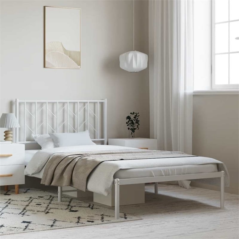 Pemberly Row Contemporary Rectangular Steel Single Bed Frame in White