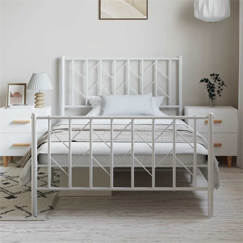 Pemberly Row Rectangular Durable Steel Single Bed Frame in White
