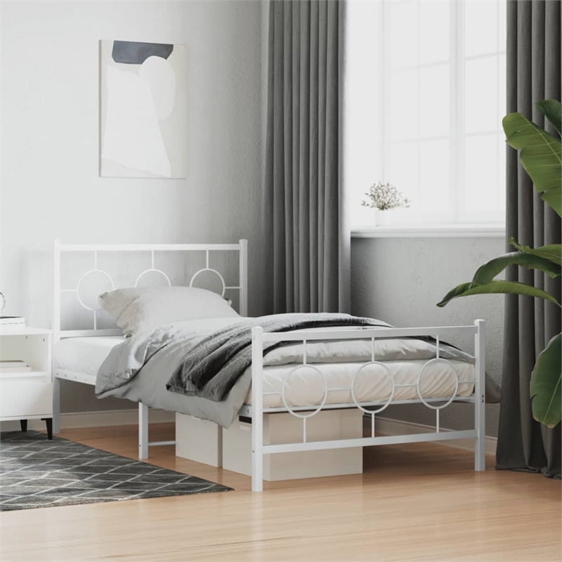Pemberly Row Rectangular Industrial Steel Twin Bed Frame in White