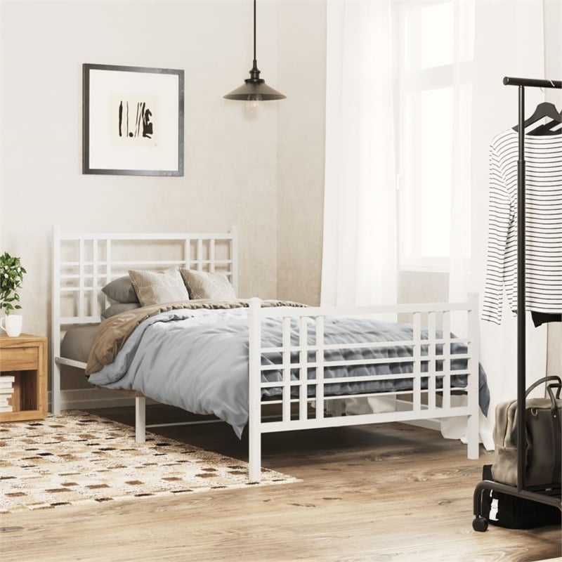 Pemberly Row Contemporary Rectangular Steel Single Bed Frame in White