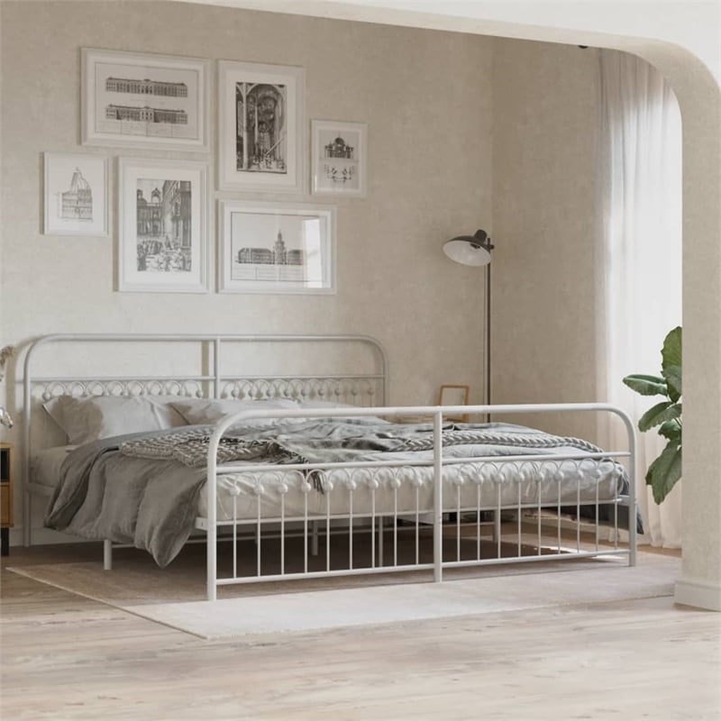 Pemberly Row Contemporary 76 x 80 Rectangular Bed Frame in White Steel
