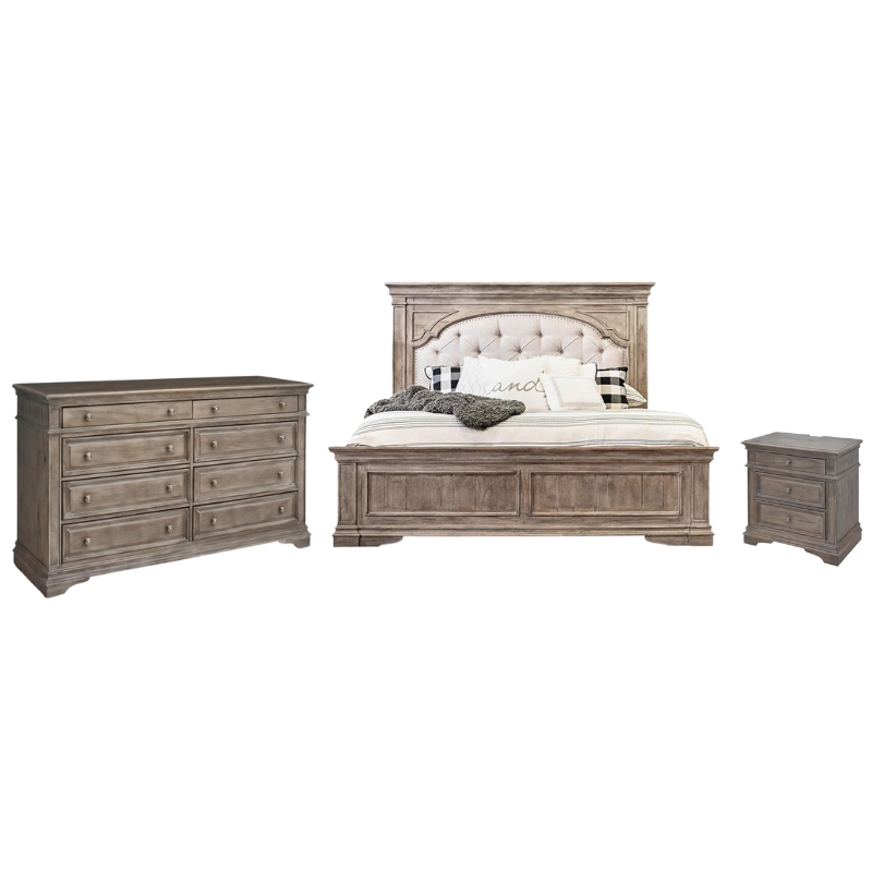 Pemberly Row Set of 3 Gray Upholstered Panel King Bed & Dresser & Nightstand