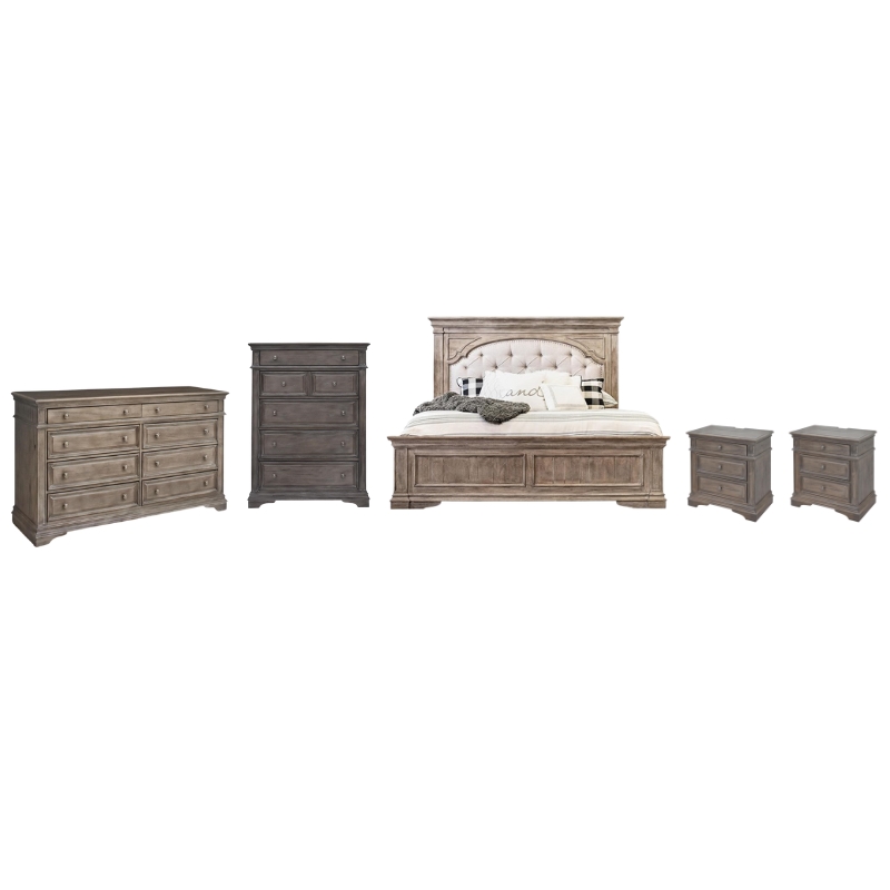Pemberly Row Set of 5 - Gray Panel King Bed & Dresser & 2 Nightstands & Chest