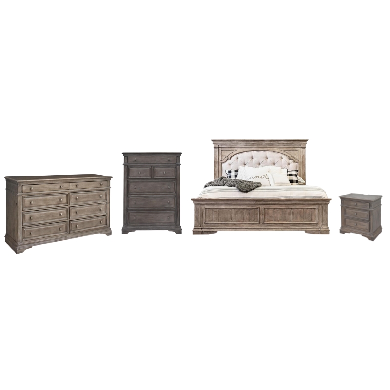 Pemberly Row Set of 4 Gray Panel Queen Bed & Dresser & Nightstand & Chest